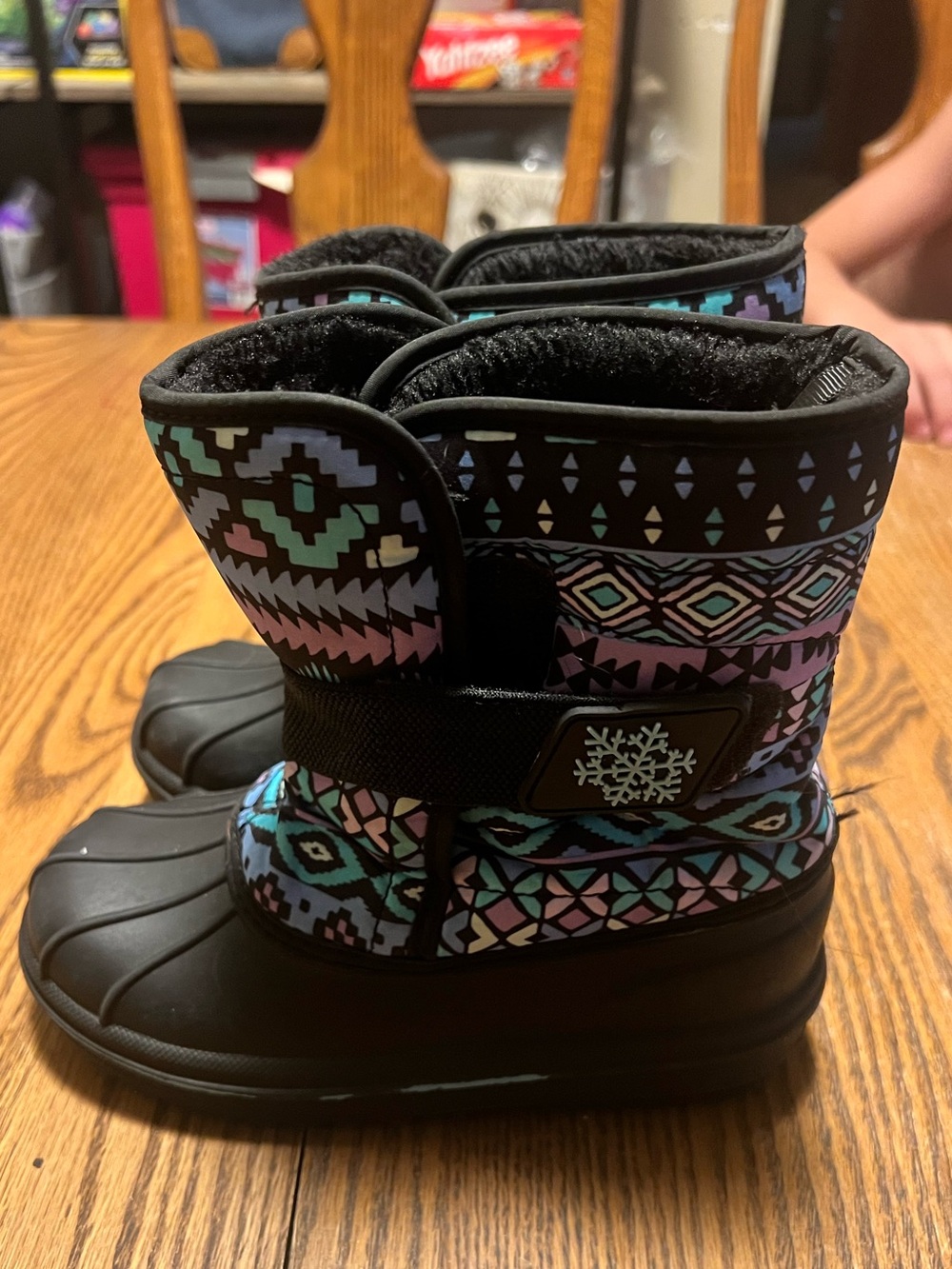 Place Black Kids Snow Boots with Pastel Teal and Lavender Aztec Print